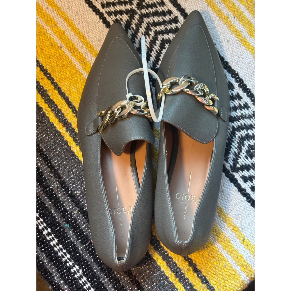 Paolo Womens Pointed Toe Loafers Grey Gold Chain Link Flats Size 10